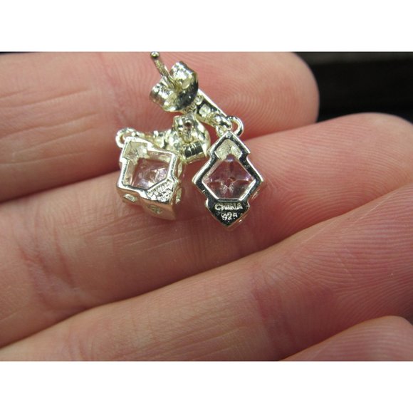 Sterling Silver Pink Well Cut CZ And Diamond Chip Earrings Vintage Wedding - Picture 4 of 6